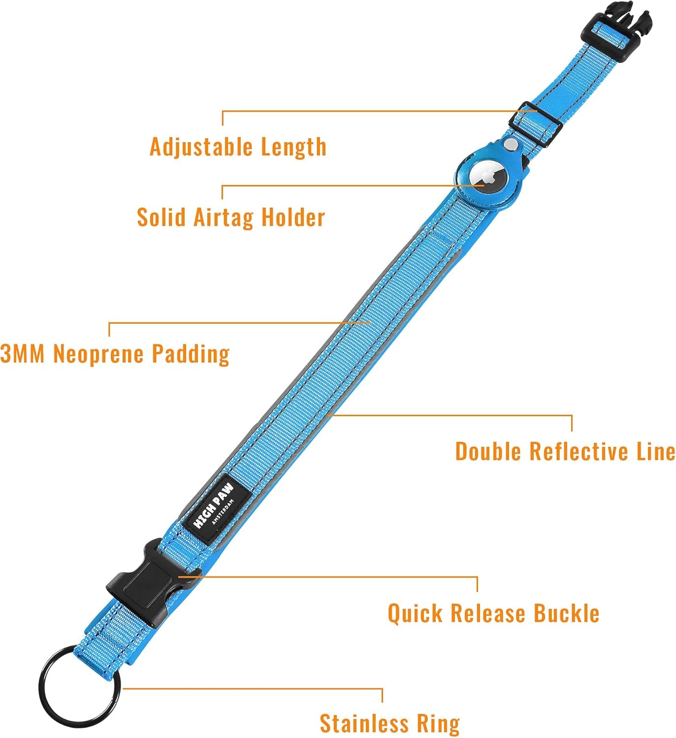 Airtag-Compatible Dog Collar with Holder Case, 1.5 Ft Heavy-Duty Reflective Leash, Soft Breathable Padding, and Cat GPS for Small to Large Dogs (Blue, Medium)