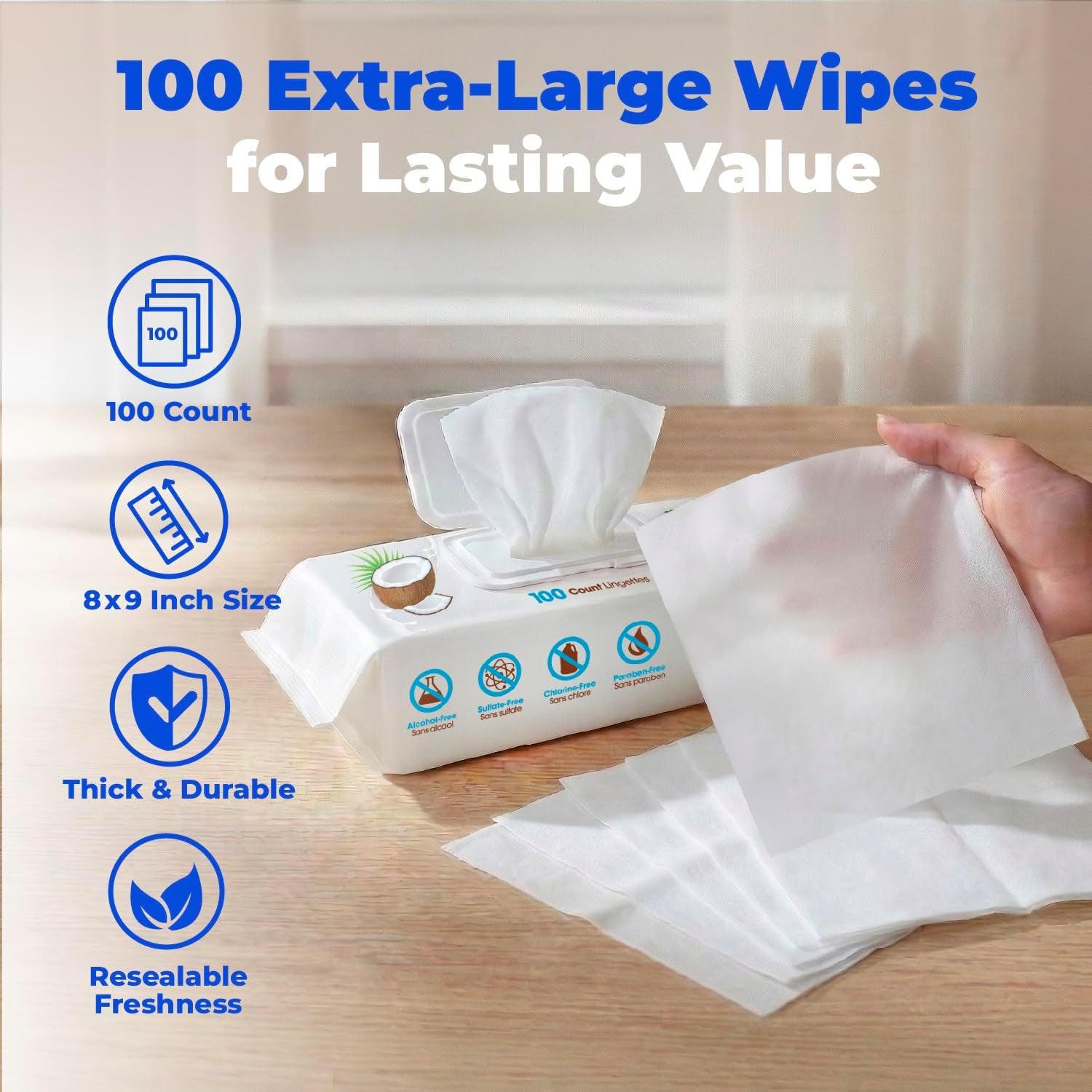 8" X 9" Large Dog Wipes - Cleaning and Deodorizing for Paws and Coat - Gentle Formula with Coconut Vitamin E for Puppies and Cats - 100 Count