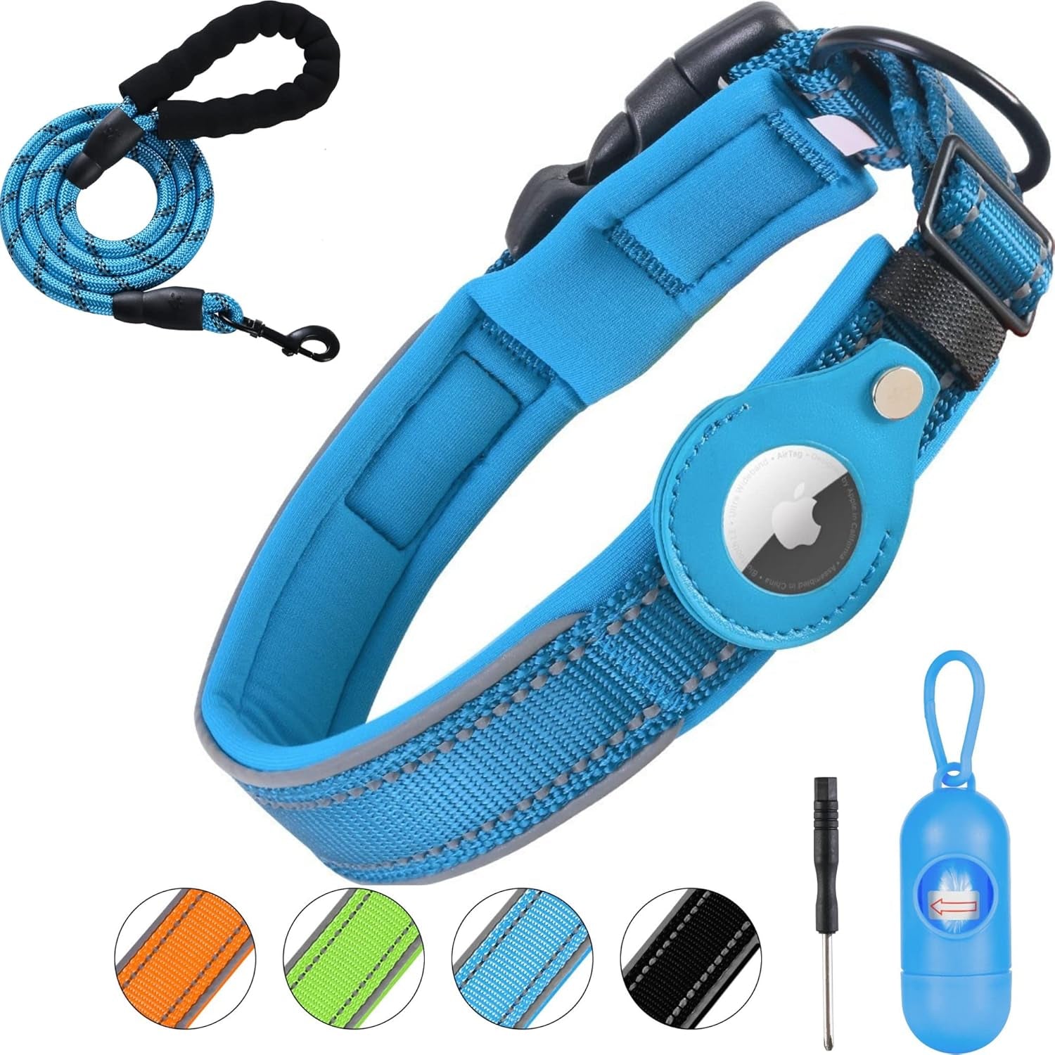 Airtag-Compatible Dog Collar with Holder Case, 1.5 Ft Heavy-Duty Reflective Leash, Soft Breathable Padding, and Cat GPS for Small to Large Dogs (Blue, Medium)