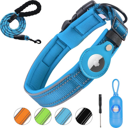 Airtag-Compatible Dog Collar with Holder Case, 1.5 Ft Heavy-Duty Reflective Leash, Soft Breathable Padding, and Cat GPS for Small to Large Dogs (Blue, Medium)