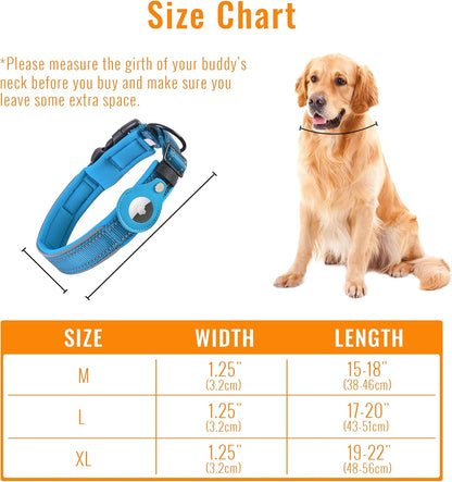 Airtag-Compatible Dog Collar with Holder Case, 1.5 Ft Heavy-Duty Reflective Leash, Soft Breathable Padding, and Cat GPS for Small to Large Dogs (Blue, Medium)